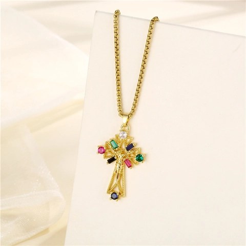 Roestvrijstalen Kruis Hanger Ketting Met Gekleurde Zirkonia Micro Ingelegd Jezus Crucifix Hip Hop Sieraden
