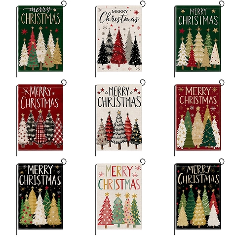 Drapeau De Jardin Noël Imprimé Merry Christmas Lin Imitation Polyester Bannière Décorative Extérieure Sapins Noël