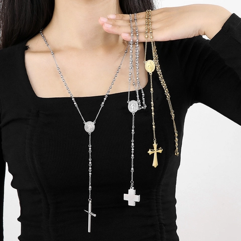 Collar De Rosario De Acero Inoxidable Colgante De Cruz Religiosa Medalla De La Virgen María Cadena De Cuentas Redondas Joyería Vintage Para Mujer