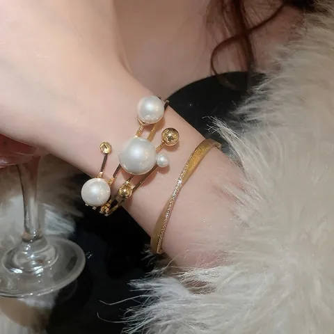 French Style Multi Layer Artificial Pearl Open Bangle Elegant Zircon Twisted Bracelet Jewelry For Women