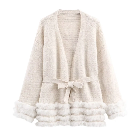Elegante Damen Strickjacke Mit Kunstpelzbesatz Und Gürtel Locker Langarm V-Ausschnitt Herbst Winter Pullover Mantel Für Party Alltag