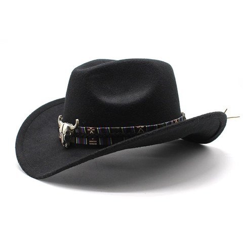 Western Cowboy Hoed Vilt Fedora Etnische Geweven Band Metalen Rundenschedel Brede Rand Jazz Hoed Voor Heren Dames