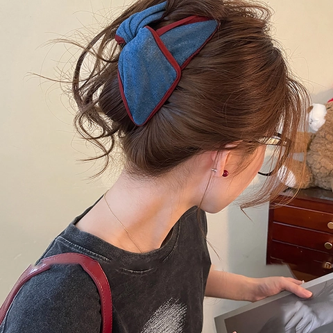 Pince À Cheveux En Denim Triangle Grand Nœud Liseré Rouge Contrasté Accessoire De Cheveux Rétro Pour Femmes Filles