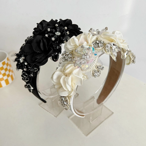Handmade Stereoscopic Satin Flower Rhinestone Headband Luxury Crystal Beaded Padded Hair Band For Women Wedding Party