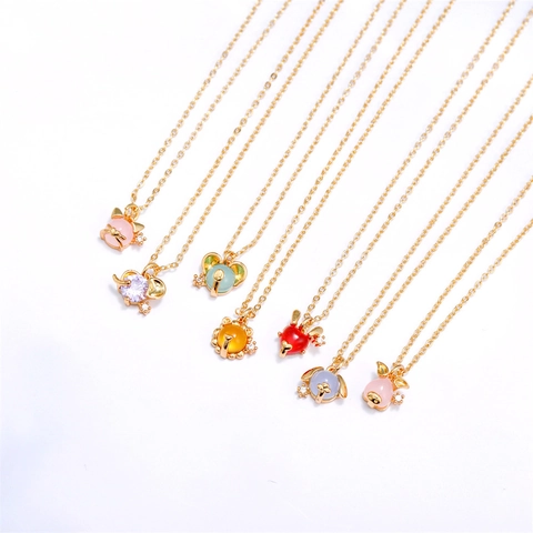 Collana con Pendente Animale in Ottone Carino per Donna Placcato Oro 18K Strass Cartone Animato Gatto Elefante Gioielli