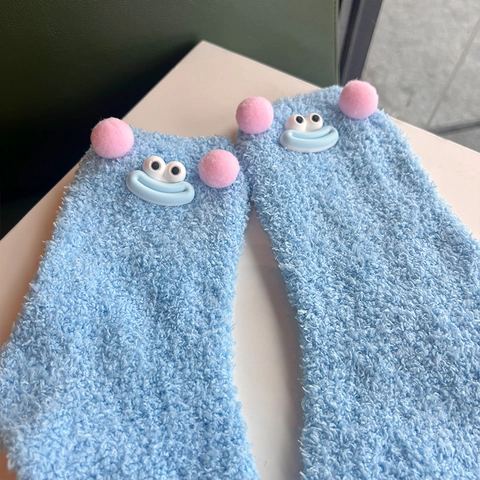 Grappige Dimensionale Cartoon Gezicht Crew Sokken Dik Warm Koraal Fleece Winter Huis Vloer Sokken Voor Dames Meisjes