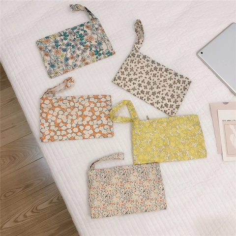 Pochette En Toile De Coton Fleurie Mini Organisateur De Maquillage Cosmétique Avec Fermeture Éclair Dragonne Style Frais Doux