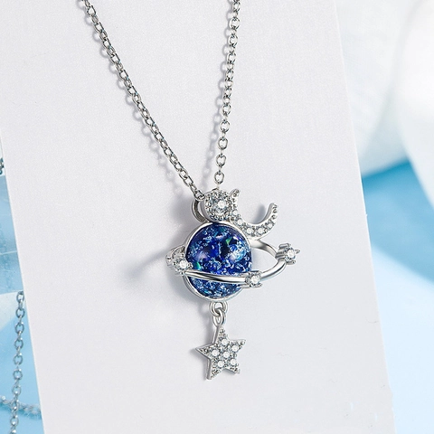 Collana Con Pendente Pianeta In Lega Con Luna E Stella In Zircone Gioielli Universo Galassia Da Sogno Per Donne