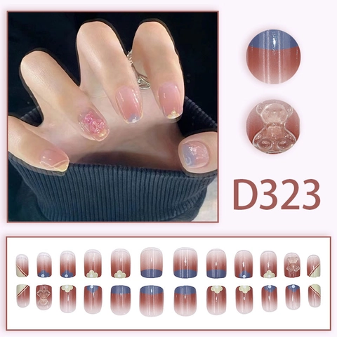 Kunstnagels Om Op Te Plakken Kort Rond Schattig 3D Beer Strass Roze Verloop Kunstparels Decor Kunstmatige Nagels Lijm