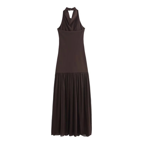 Halterneck Maxi Kleid Polyester Mesh Gerafft Schmale Passform Ärmellos V Ausschnitt Sexy Party Abend Elegant Kaffee Langes Kleid