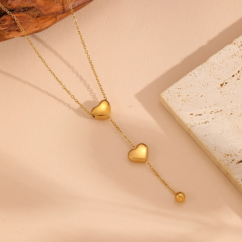 Collana A Forma Di Y In Acciaio Inossidabile Con Ciondoli A Doppio Cuore E Nappina A Piccola Sfera Gioielli Eleganti Da Donna