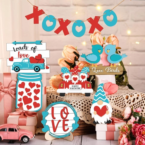 Décoration Plateau À Étages En Bois Saint Valentin Rustique Amour XOXO Gnome Coeur Camion Ornement Table Maison