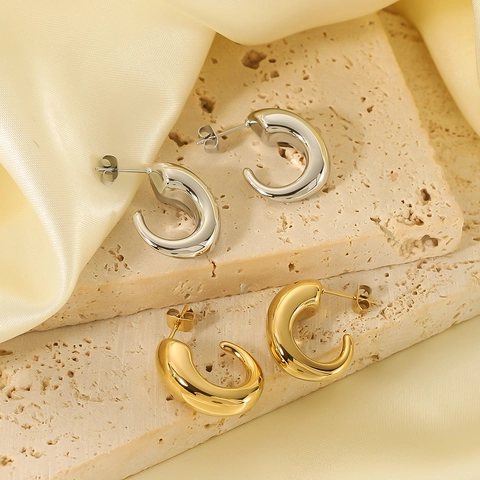 Chunky C Shaped Hoop Earrings For Women 18K Gold Plated Stainless Steel Geometric Hollow Minimalist Jewelry