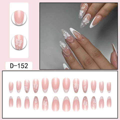 Französische Weiße Aufpressnägel Lange Mandelform 3D Schmetterling Glitzer Nude Rosa Elegante Künstliche Nägel