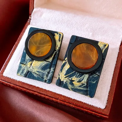 Boucles D'Oreilles Géométriques Rectangulaires Vintage Avec Résine Et Cuir Tige En Argent Style Artistique Pour Femmes