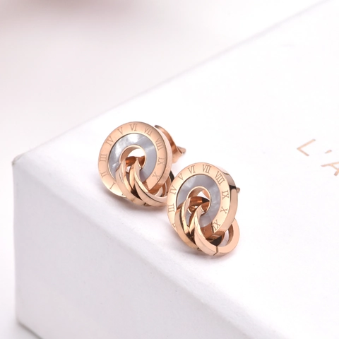 Roman Numeral Stud Earrings Stainless Steel Rose Gold Plated Interlocking Double Ring White Mother Of Artificial Pearl Geometric Women