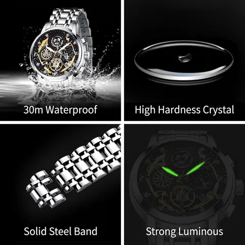 Reloj de Cuarzo de Esqueleto de Lujo para Hombre Resistente al Agua Luminoso Cronógrafo Fase Lunar Caja de Aleación Correa de Acero