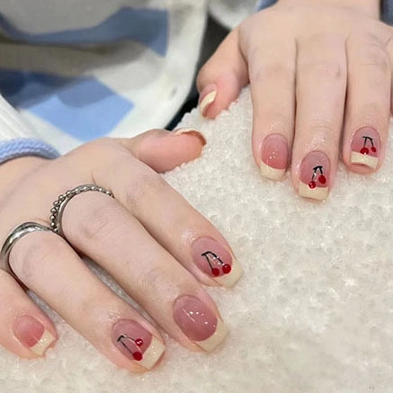 French Style Press On Nails Pink Gradient Cherry Pattern Short Square Round Full Cover Fake Nails Professional Manicure