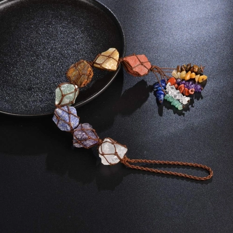 Chakra Natural Raw Stone Crystal Hanging Ornament Hand Woven Rope Tassel Meditation Yoga Home Office Car Decor