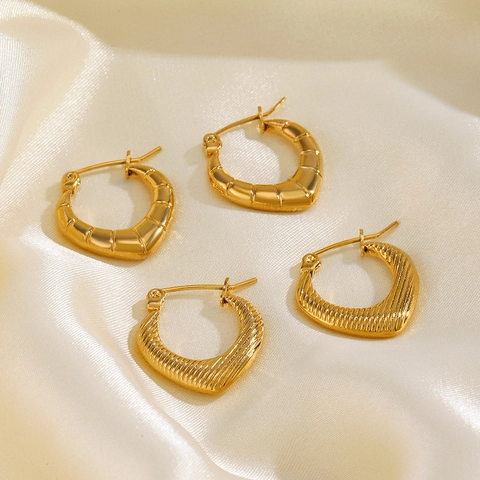 Heart Hoop Earrings For Women Stainless Steel 18K Gold Plated Textured Bamboo Pattern Minimalist Trendy Style Ear Buckles