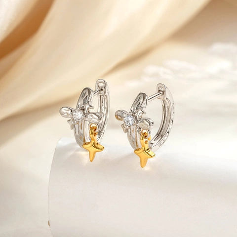 Orecchini A Cerchio Con Pendente A Stella Zirconia Ottone Bicolore Gioielli Delicati Per Donna