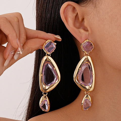 Retro Geometric Triangle Dangle Earrings For Women With Purple Acrylic Alloy And 925 Sterling Silver Earring Post