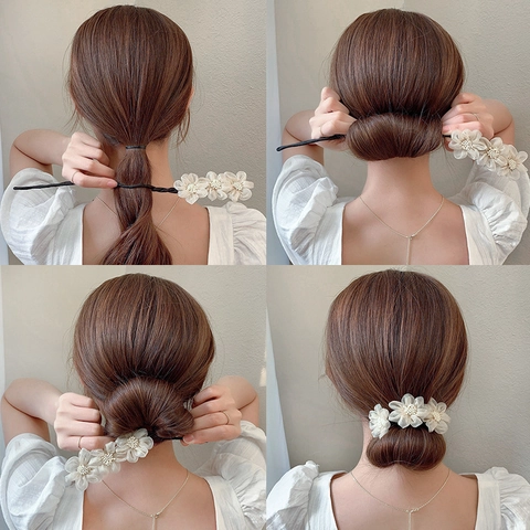 Eleganter Gaze Blumen Haardutt Macher Flexibles Stoff Haargummi Mit Perlen Akzenten Für Damen Koreanischer Stil Styling Tools