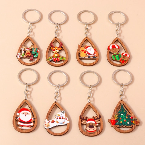 Weihnachten Holz Schlüsselanhänger Hohl Tropfen Cartoon Weihnachtsmann Rentier Feiertag Geschenk