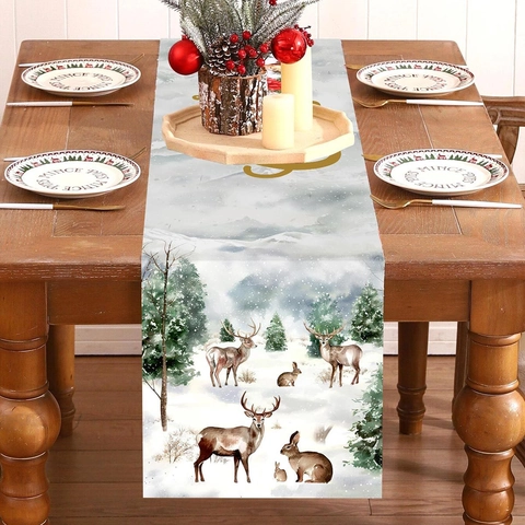 Christmas Table Runner Polyester Reindeer Rabbit Snow Scene Merry Christmas Holiday Dining Party Decor