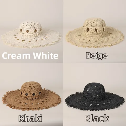 Cappello da Spiaggia in Paglia di Carta Intrecciato a Mano da Donna Falda Larga Bordo Sfrangiato Pieghevole Protezione Solare Estate