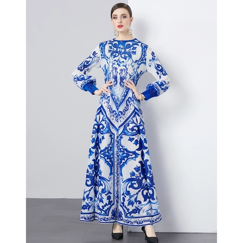 Dames Elegante Geplooide Maxi-Jurk Barokprint Lange Mouwen Ronde Hals Polyester Patchwork Vintage Vloeiende Lange Jurk