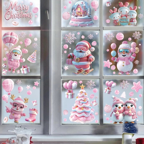 Christmas Window Stickers Pink Cartoon Santa Claus Snowman PVC Static Cling Glass Door Decals Holiday Home Decor
