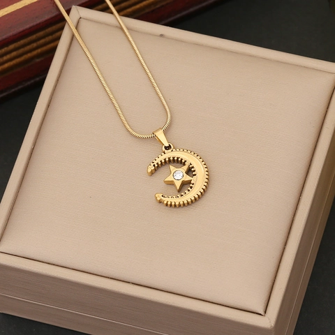 Collana E Orecchini In Acciaio Inossidabile Con Luna Stella E Strass Gioielli Celesti Dorati Per Donna