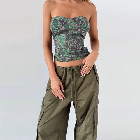 Sexy Camouflage Blatt Druck Tube Top Damen Trägerloses Slim Fit Korsett Bandeau Crop Top Polyester Elasthan
