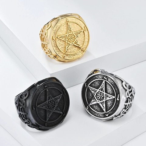 Anillo De Pentagrama Lucifer Para Hombre Acero Inoxidable Retro Gótico Punk Ángel Caído Estrella De La Mañana Joyería Mística