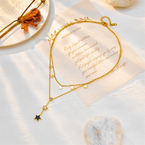 Halskette Damen Doppelreihig Titanstahl Stern Anhänger Elegant Strass Quaste Schlüsselbein Kette Gold Schmuck Koreanischer Stil