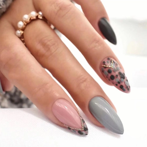 Faux Ongles Amande Gris Rose Noir Motif Léopard Style Français Lignes Dorées Pois Manucure Pour Femmes