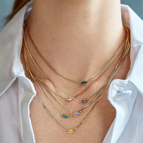 Copper Marquise Cut Birthstone Necklace 14K Gold Plated Box Chain Minimalist Colorful Cubic Zirconia Pendant Jewelry Women