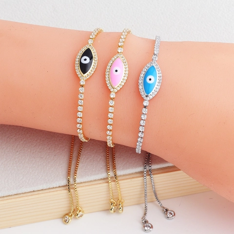 Evil Eye Bracelet Copper Gold Plated Cubic Zirconia Enamel Marquise Turkish Adjustable Slider Clasp Fashion For Women