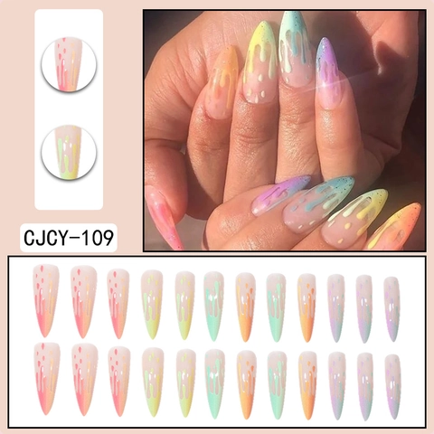 Lange Stiletto Kunstnagels Regenboog Gradiënt Drip Effect Glanzende Kleurrijke Kunstmatige Vingernagels Voor Dames