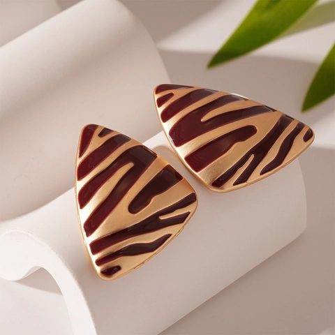 Retro Triangle Earrings With 925 Sterling Silver Earring Post Alloy Zebra Print Enamel Minimalist Style For Women