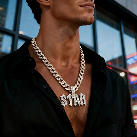 Collana Con Ciondolo Lettera STAR Hip Hop Iced Out Strass Lega Catena Cubana Gioielli Stile Gotico Per Uomo