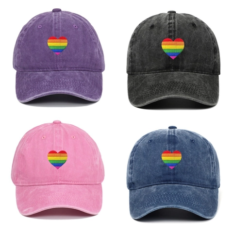 Vintage Washed Cotton Baseball Cap Rainbow Heart Embroidery Distressed Adjustable Retro Sun Hat For Women Men