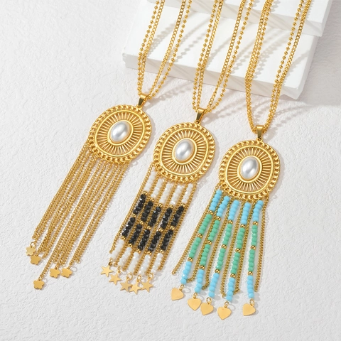 Collier Pendentif Long À Pompon Bohème Acier Inoxydable Fausse Künstliche Perle Perlé Chaîne De Pull Bijoux Circulaires Creux Pour Femmes