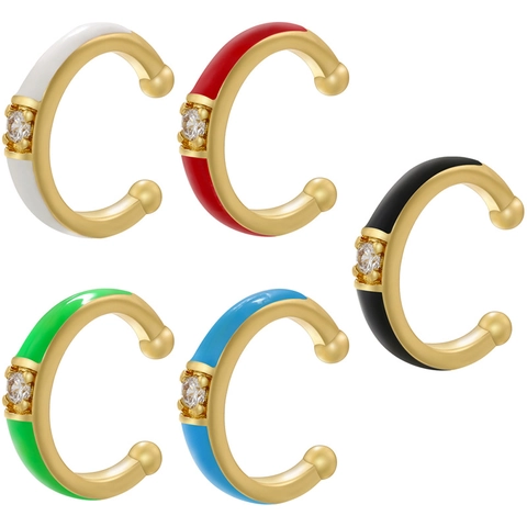 Simple Gold Copper C-Shaped Ear Cuffs Colorful Enamel Dripping Oil Rhinestone Non Pierced Earrings For Women Fashion Jewelry