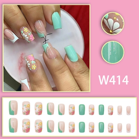 Press On Nails Floral Daisy Green Pink White Glossy Full Cover Fake Nails Sweet French Style For Women Girls
