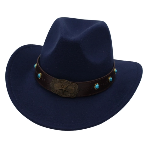 Western Cowboyhut Für Damen Herren Retro Filz Jazz Fedora Mit Metallschnalle Stern Saphir-Look Perlen Dekorativer Gürtel Hut