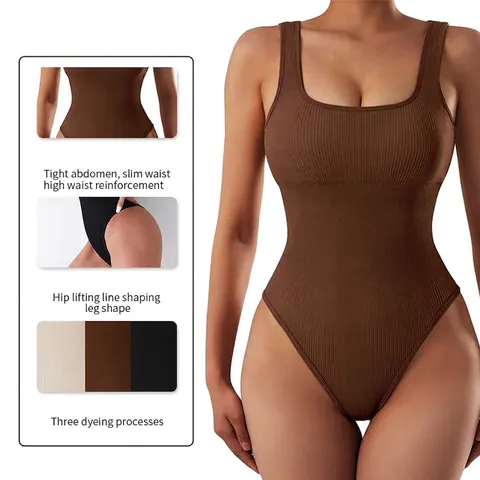 Women Ribbed Bodysuit Seamless Yoga Jumpsuit Tummy Control Square Neck Wide Straps Fitness Activewear Slim Fit