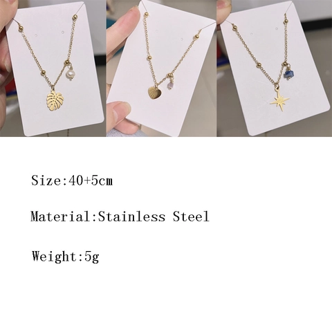 Collana con Pendente a Forma di Foglia di Monstera Cuore Ottagramma in Acciaio Inossidabile Placcato Oro con Perla Artificiale da Donna