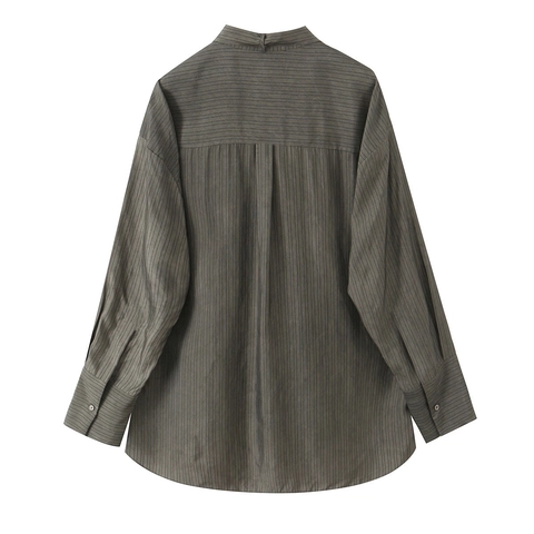 Women Striped Blouse Polyester Long Sleeve Tie Neck Double Pockets Casual Button Down Shirt